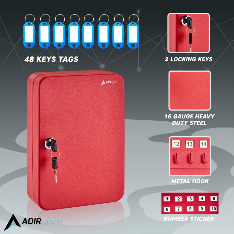 AdirOffice Key Lock Box â€“ 48 Key Hooks Wall Mounted Key Cabinet Lock Box, Car Keys Holder Box, Lockable Key Storage Box - Metal Key Box Organizer with for Home and Office - Image 2
